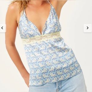 Frankie’s Bikinjs tie-back silk halter top, butterfly print S